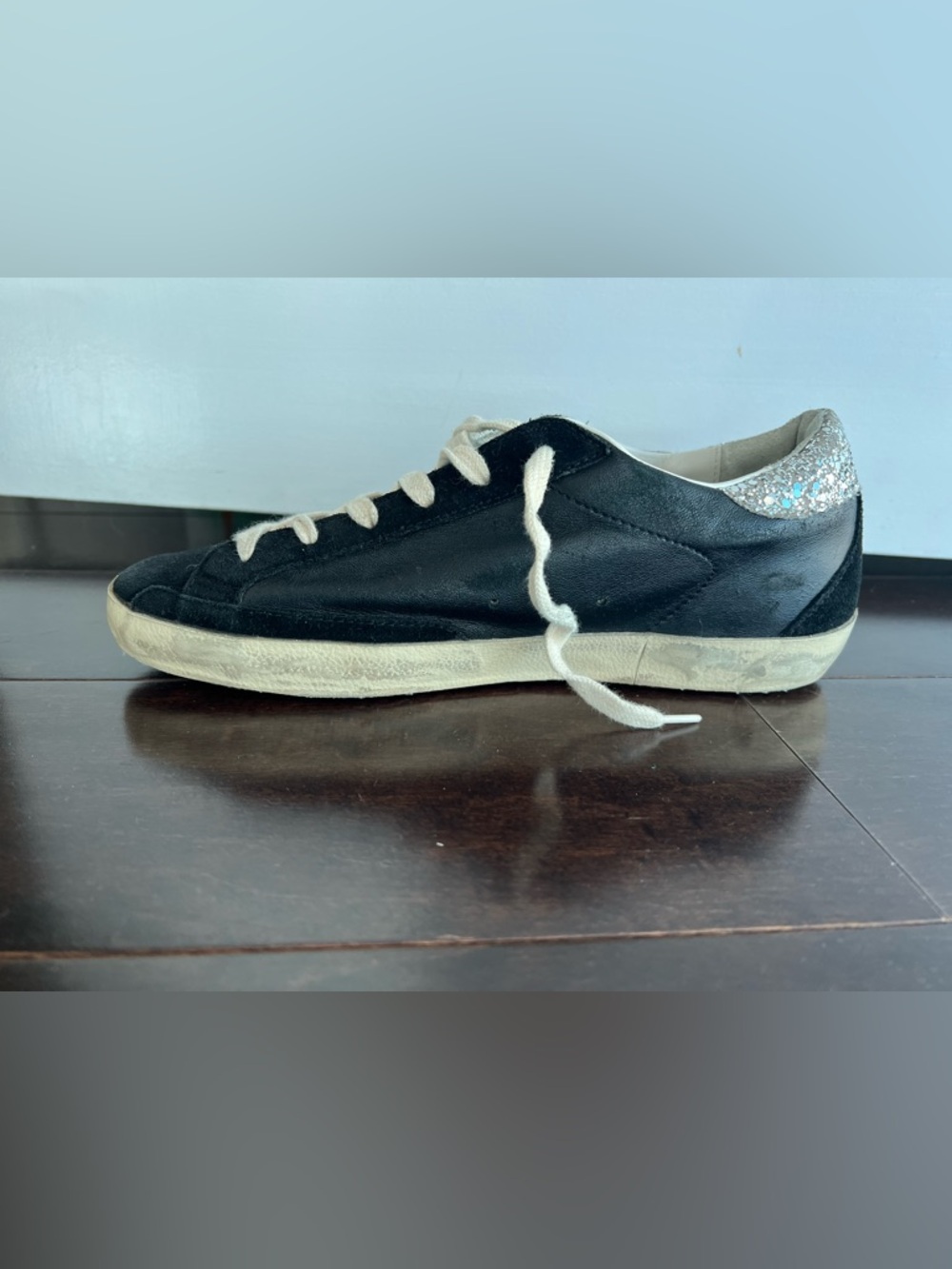 Golden Goose Black Leather & Suede Sneakers with Silver Glitter Details - Picture 6 of 11